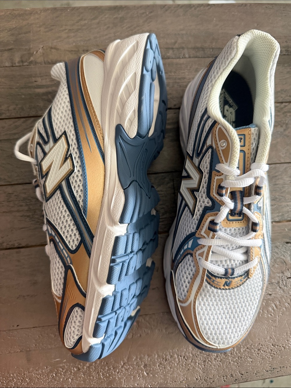 New Balance White Blue Gold Athletic Sneakers